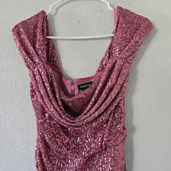 $179 Bebe Women's Off Sholder Dress Mini Silhouette Sequined Large Mauve New - Picture 5 of 12